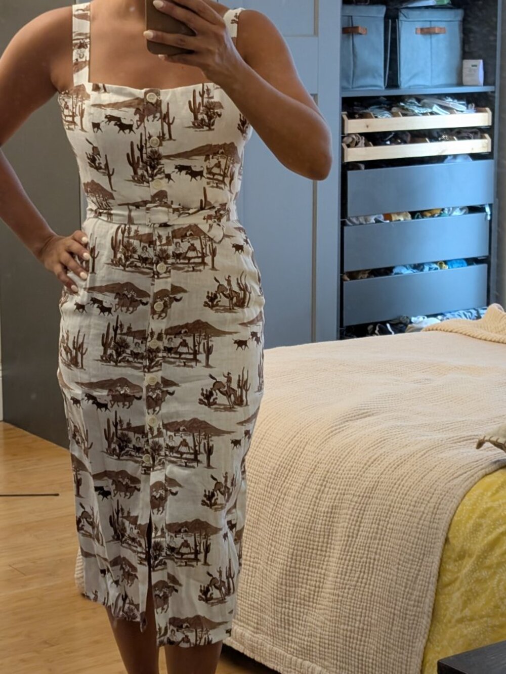 Reformation Desert Sand Western Print Midi Dress Size 0 | Belted Button Front